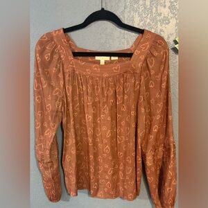 Lauren Conrad Dusty Rose Long  Sleeve Heart Pattern Blouse- MED-EUC-